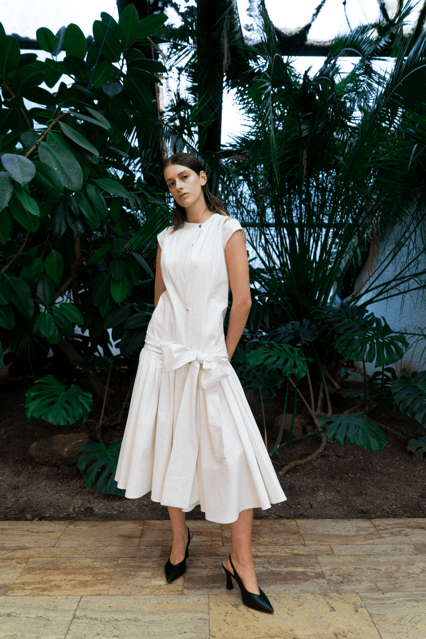 Striped cotton poplin dress with shoulder zippers and hip bow