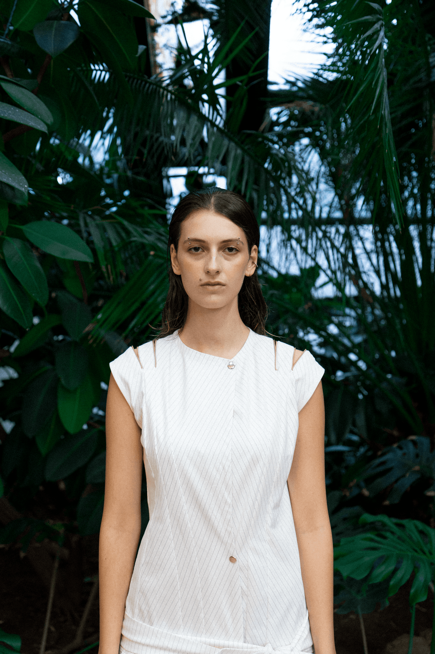 Striped cotton poplin dress with shoulder zippers and hip bow