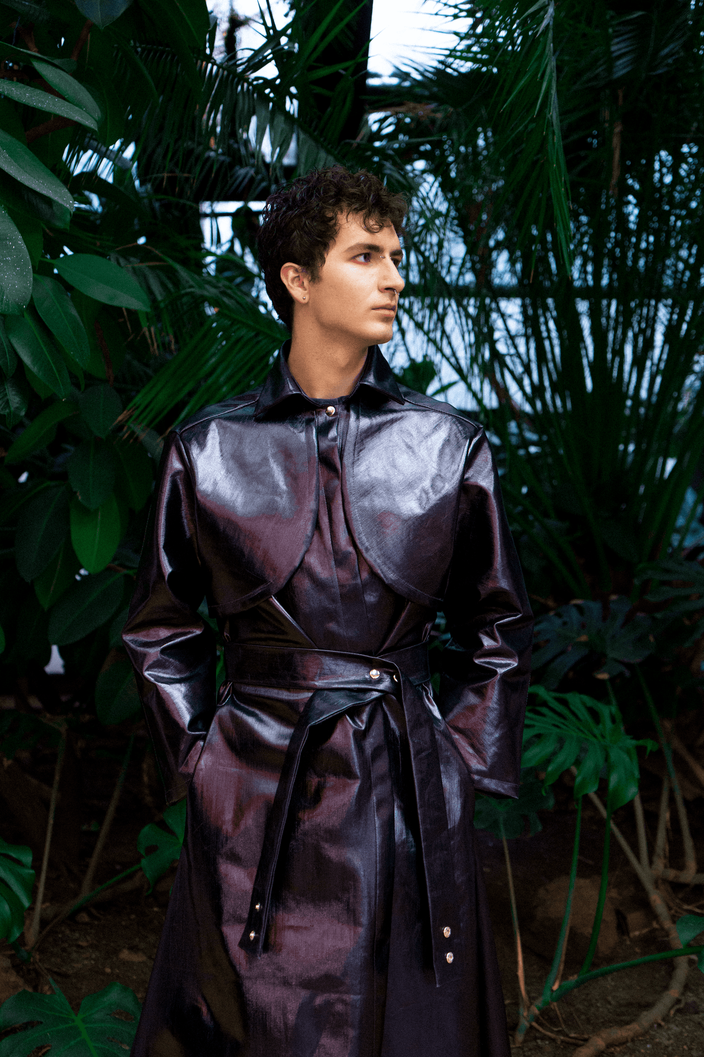 Iridescent violet coated denim mid length coat