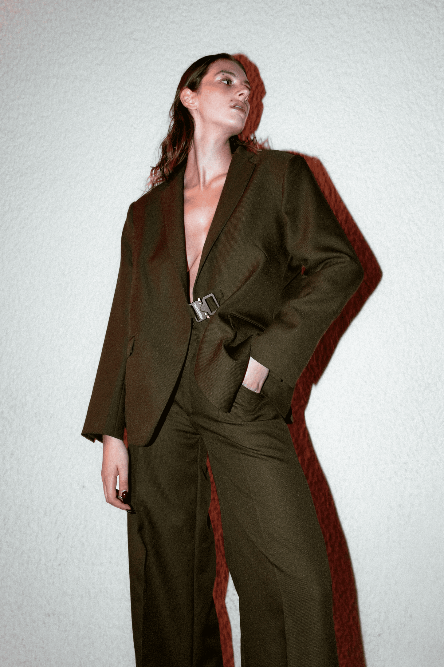 Woolen wide shoulder blazer with laser engraved closure and easy fitted pants