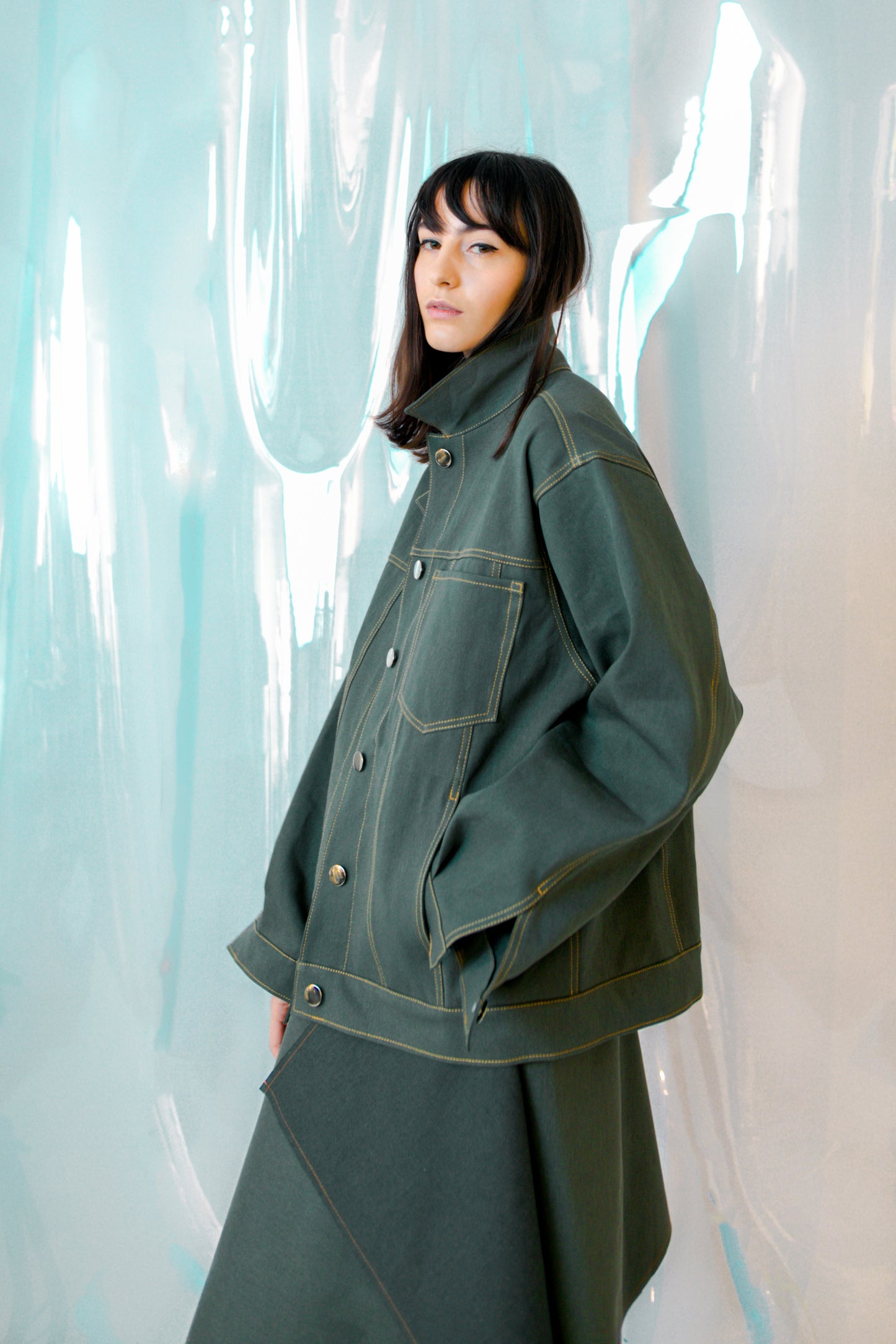 Grey Green Denim Jacket and skirt